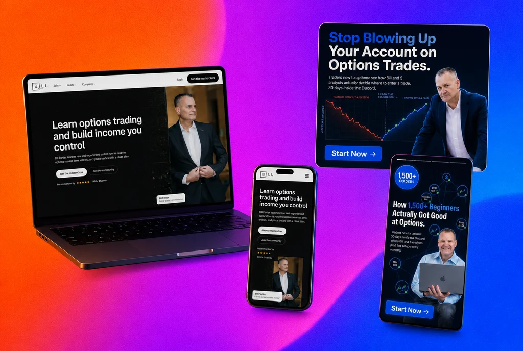 Bill Fanter's homepage shown on laptop and phone, built by our team of AI Growth Agents, an options-trading education site running paid traffic