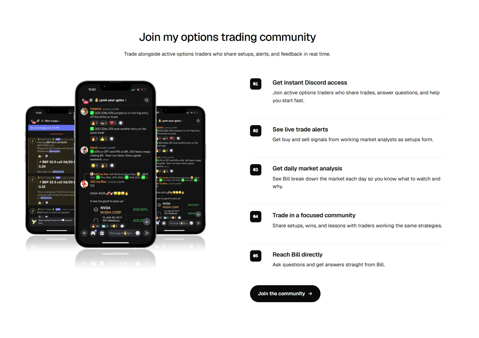 Bill Fanter options trading community and Discord access page