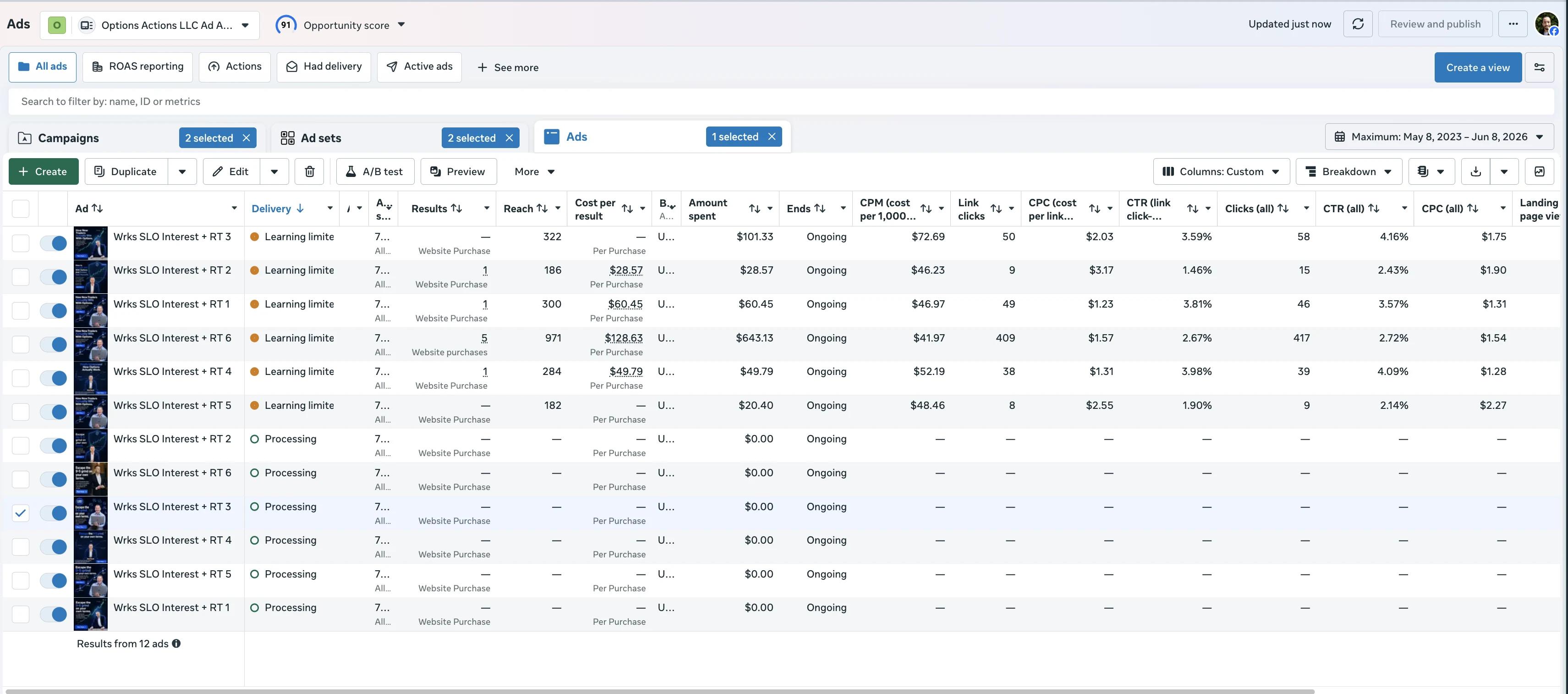Bill Fanter's ads dashboard showing live campaigns driving program enrollments