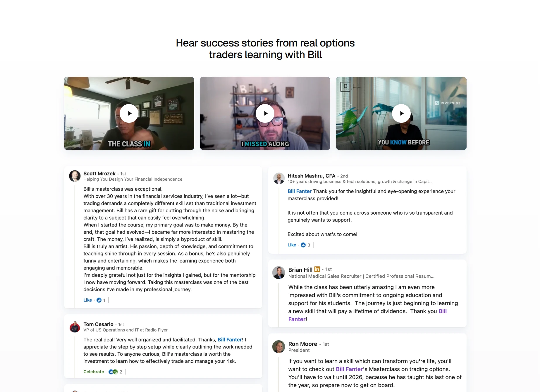 Video testimonials and LinkedIn posts from students of Bill Fanter's options masterclass