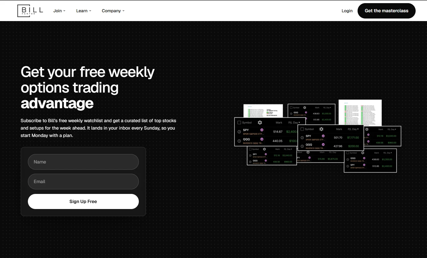Bill Fanter's free weekly options watchlist opt-in page