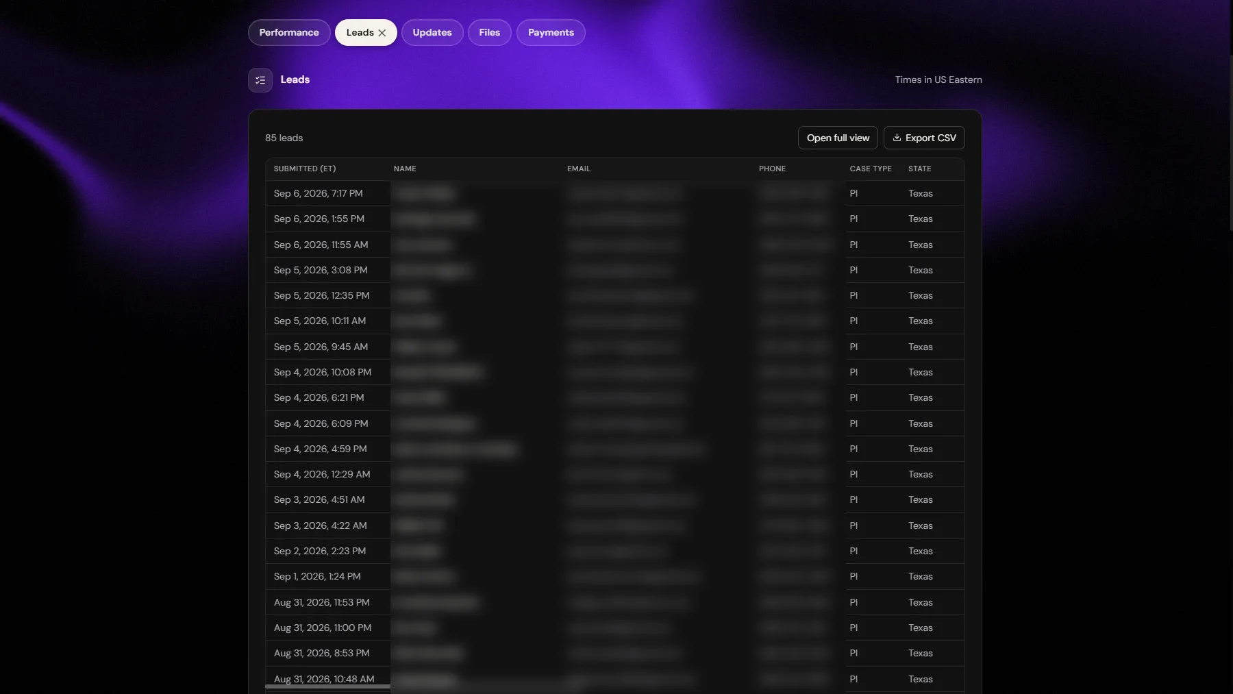 WRKS client portal leads tab for David Sanchez Law Group: 85 leads with submitted time, name, email, phone, case type and state, exportable to CSV