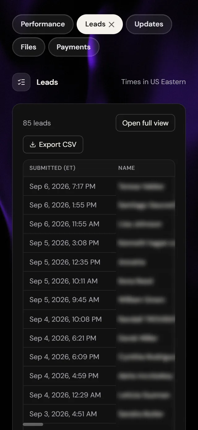 WRKS client portal on a phone — the same leads table, live as leads arrive