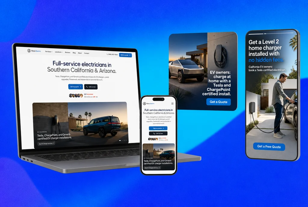 Rizzo Electric USA homepage shown on laptop and phone, built by our team of AI Growth Agents, an electrical services site running paid local traffic