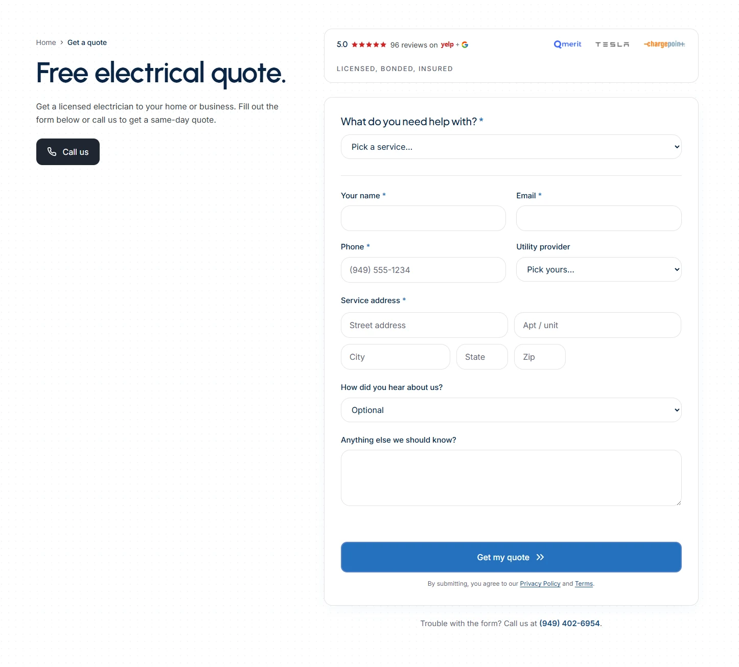Rizzo Electric USA's quote request form, showing certified partner badges and service questions