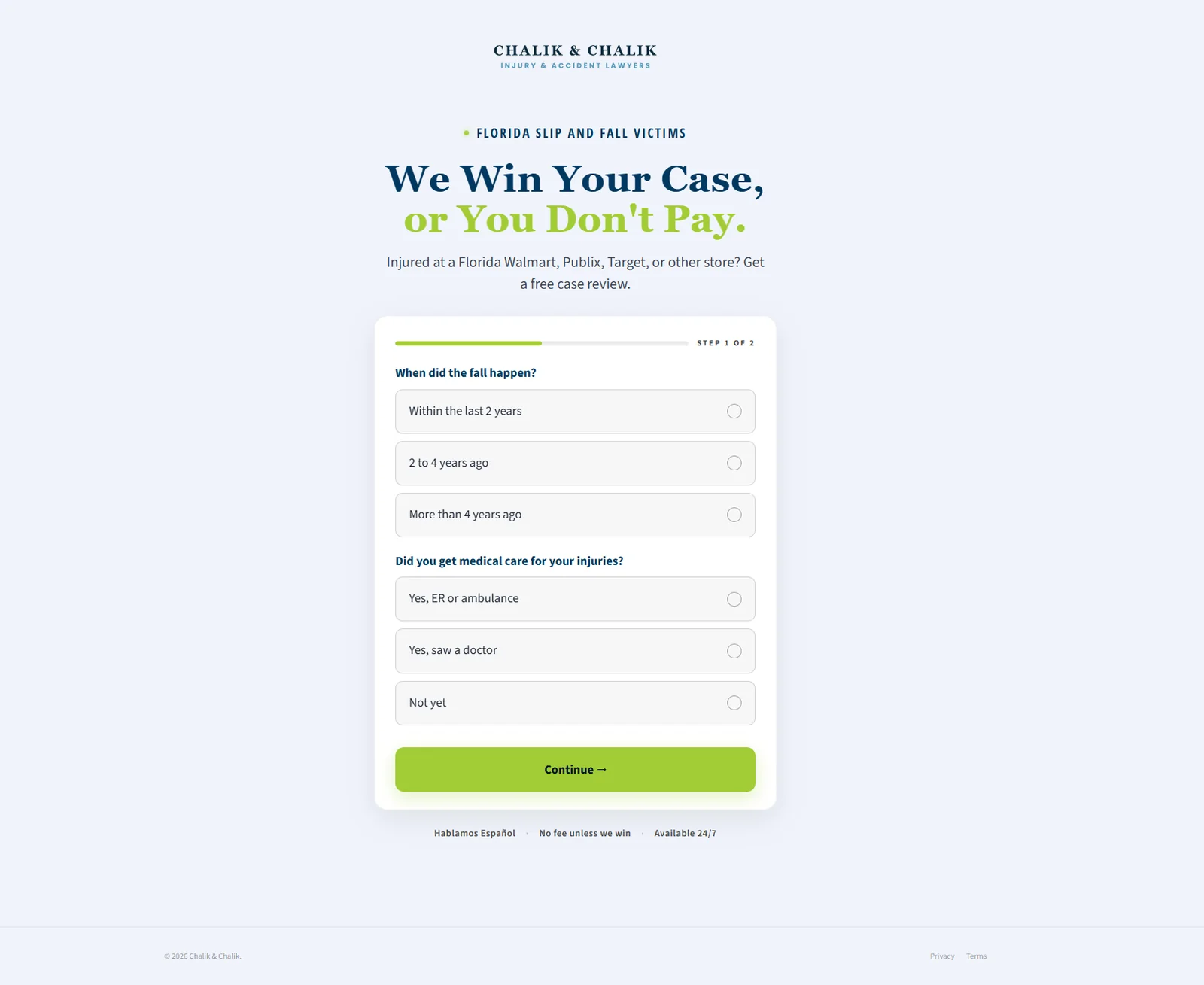 Chalik & Chalik slip-and-fall qualification quiz funnel — multi-step lead intake going live