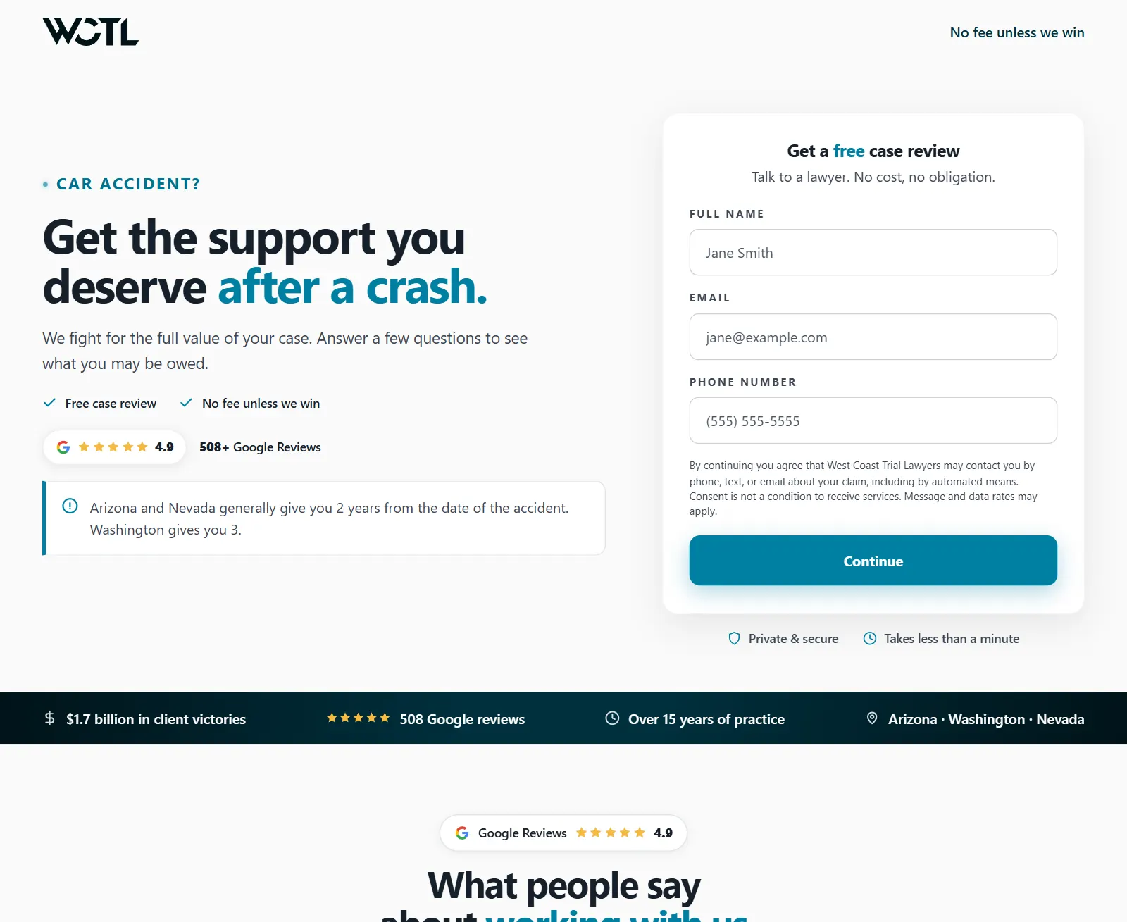 West Coast Trial Lawyers car accident landing page with its two-step case review form going live