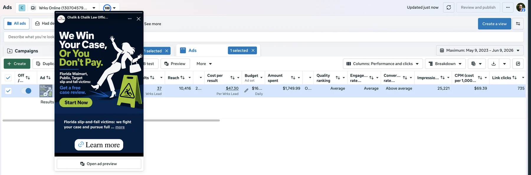 Meta Ads Manager dashboard — EN illustrated creative variant scaling