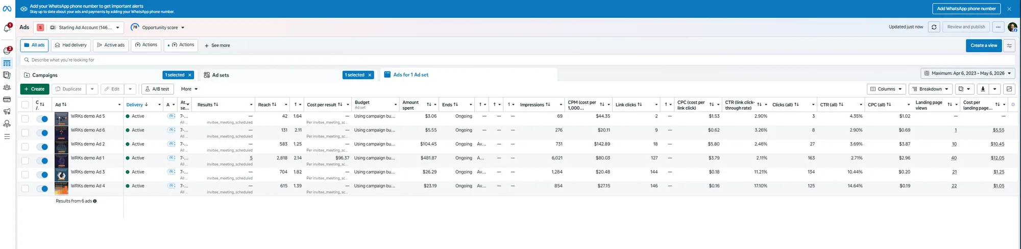StarlingMX's Meta Ads Manager dashboard showing live campaigns optimized for scheduled founder meetings