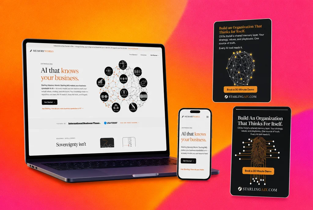 StarlingMX homepage shown on laptop and phone, built by our team of AI Growth Agents, a B2B AI SaaS site running paid traffic to founder audiences