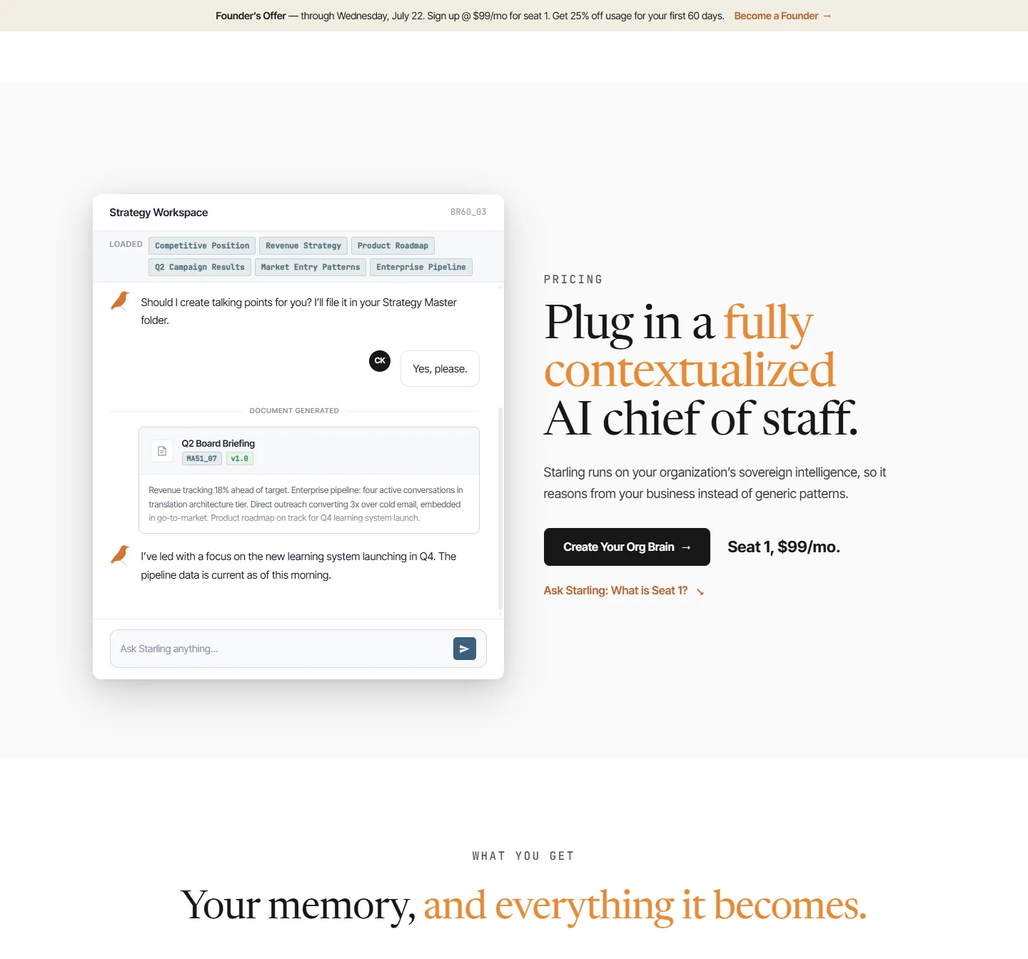 StarlingMX offer page positioning the product as a fully contextualized AI chief of staff